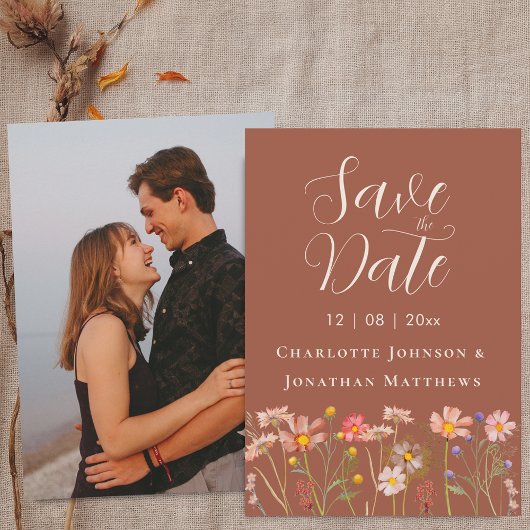 Foto Boho Herfst Wilde Bloemen Terracotta Bruiloft Save The Date