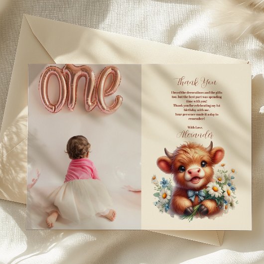 Foto Boho Holy Koe Highland Koe 1e verjaardag Bedankkaart