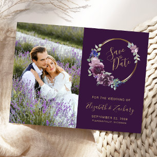 Foto Boho Paars Bloemmotief Goud Save the Date Briefkaart