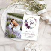Foto Boho Paars Floral Gold Lijst Save the Date Briefkaart