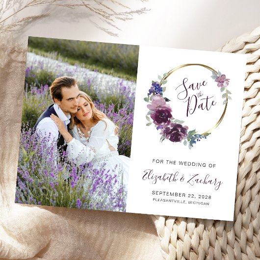 Foto Boho Paars Floral Gold Lijst Save the Date Briefkaart
