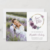 Foto Boho Paars Floral Gold Lijst Save the Date Kaart (Voorkant)