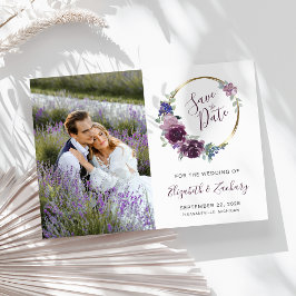 Foto Boho Paars Floral Gold Lijst Save the Date Kaart