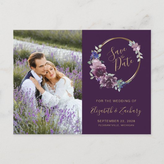 Foto Boho Paarse Bloemen Gouden Blank Save the Dat Briefkaart (Voorkant)