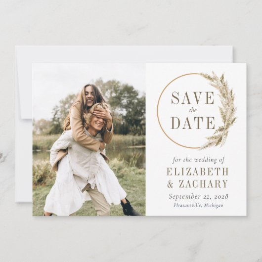 Foto Boho Pampas Grass Krans Bewaar de datum Kaart (Voorkant)