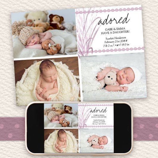 Foto Boho Pink Pampas Grass Birth Aankondiging