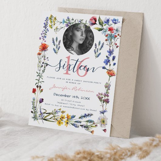 FOTO Boho Pressed Wildflowers Sweet 16 Birthday Kaart