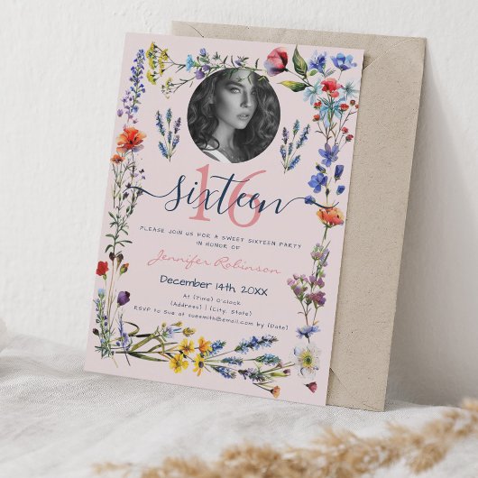FOTO Boho Pressed Wildflowers Sweet 16 Blush Kaart