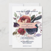 Foto Boho Roos Gold Burgundy Navy Floral Wedding Kaart (Voorkant)
