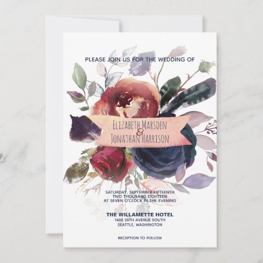 Foto Boho Roos Gold Burgundy Navy Floral Wedding Kaart (Voorkant)