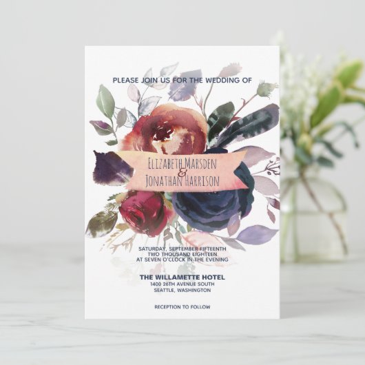 Foto Boho Roos Gold Burgundy Navy Floral Wedding Kaart (Staand voorkant)