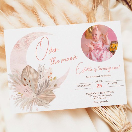 Foto boho rustic pampas floral moon 1e verjaardag kaart
