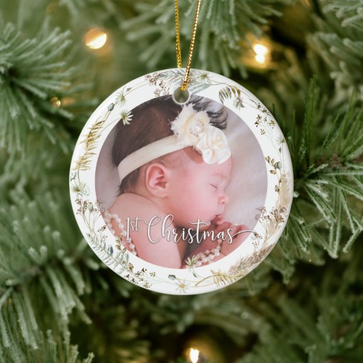 Foto Boho Wildflower Baby Girl's Eerste Kerstmis Keramisch Ornament (Boom)
