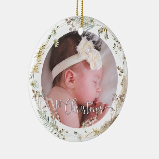 Foto Boho Wildflower Baby Girl's Eerste Kerstmis Keramisch Ornament (Rechts)