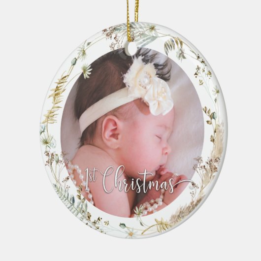 Foto Boho Wildflower Baby Girl's Eerste Kerstmis Keramisch Ornament (Links)