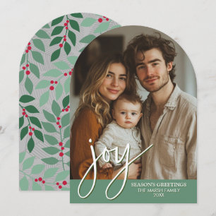 Foto-boog met enorm Joy-script - botanische achter Feestdagenkaart
