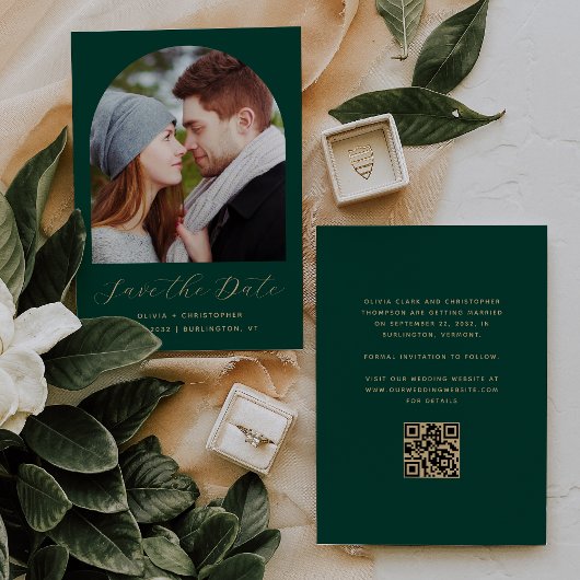 Foto Boog QR Code Smaragdgroen Goud Schrift Save The Date