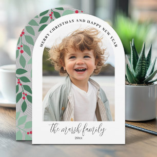 Foto-boog - Script familienaam - botanische achter Feestdagenkaart