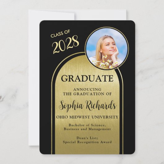 Foto boog zwart goud Afstuderen aankondiging (Voorkant)