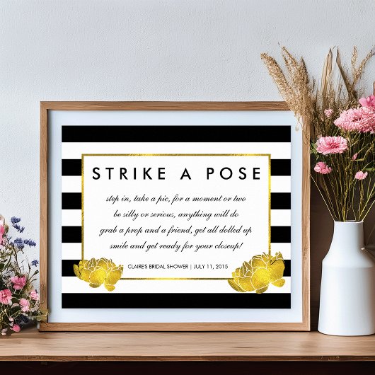 Foto Booth Poster Sign Black Stripe & Gold Peony