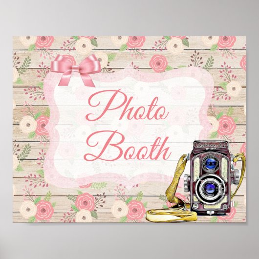 Foto Booth Sign Roze Rustic Wood Floral Poster (Voorkant)