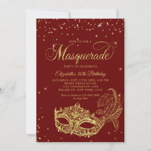 Foto bordeaux gouden glitters maskerade verjaardag kaart
