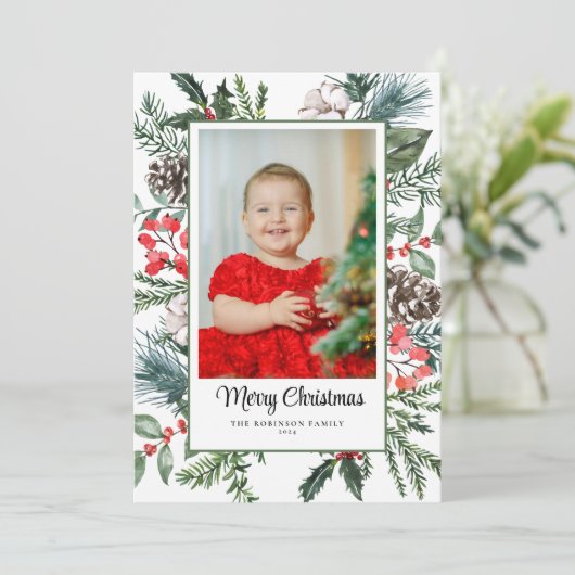 Foto Botanisch Lijst Vrolijk Kerstfeest Feestdagenkaart (Staand voorkant)