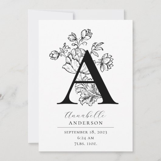 Foto: Botanische Floral Monogram Letter A Birth Aankondiging (Voorkant)