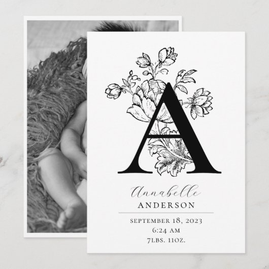Foto: Botanische Floral Monogram Letter A Birth Aankondiging (Voorkant / Achterkant)