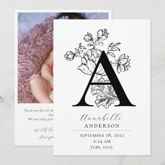 Foto: Botanische Floral Monogram Letter A Birth An Aankondiging (Voorkant / Achterkant)