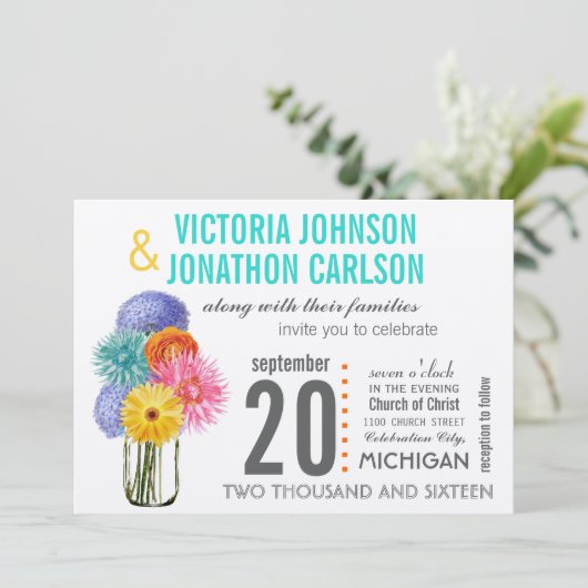 Foto Bouquet in een Mason Jar Wedding Invitation Kaart (Staand voorkant)