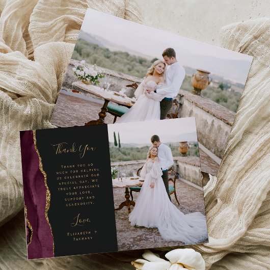 Foto Bourgogne Agaat Gold Script Wedding Bedankkaart