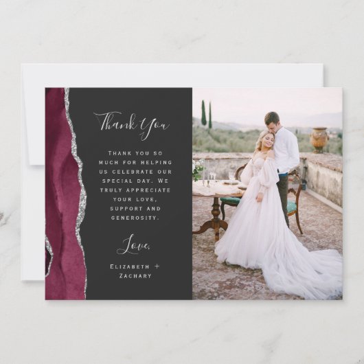 Foto Bourgogne Agaat Zilver Dark Script Wedding Bedankkaart (Voorkant)