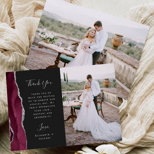 Foto Bourgogne Agaat Zilver Dark Script Wedding Bedankkaart