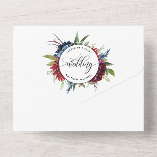 Foto, Bourgogne en Blue Wedding & Perforated RSVP All In One Uitnodiging (Achterkant)