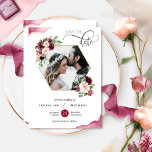 Foto, Bourgogne en Blush Floral Wedding Save The Date<br><div class="desc">Maak je trouwdag bekend met deze mooie trouwfoto, behalve de date. Ontwerp met een prachtig geometrisch lijst met een foto-overlay voor bloemen die uw afbeelding laat zien. De snelle waterverf kleurt hoekdetails en moderne handgeschreven kalligrafie. Rug met dezelfde trapsgewijze waterverf vlekken en bloemkool in het midden met stelletjes met volledige...</div>