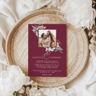 Foto Bourgondië Boho Floral Waterverf bruiloft Kaart