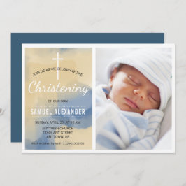 Foto Boy Christening, Waterverf Blue en Gold Kaart