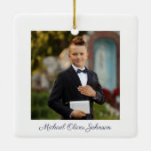 Foto Boy Religious Cross Blue First Communie Keramisch Ornament (Achterkant)