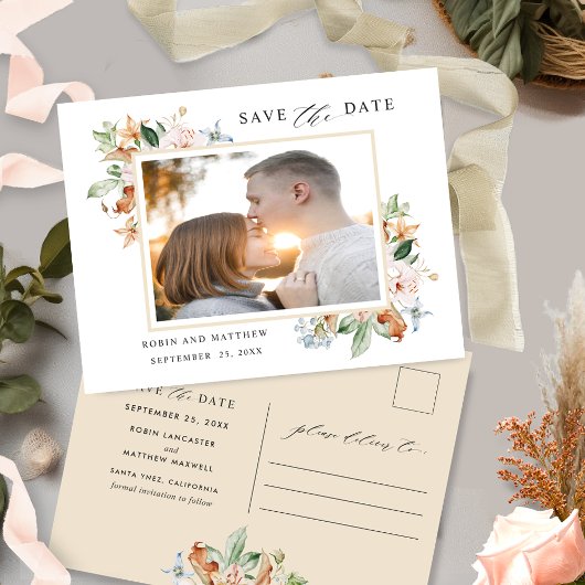 Foto Briefkaart Earthy Blooms en Beige Wedding