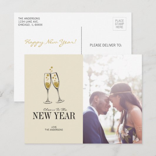 Foto Briefkaart Faux Gold Foil Cheers Nieuwjaar (Voorkant / Achterkant)