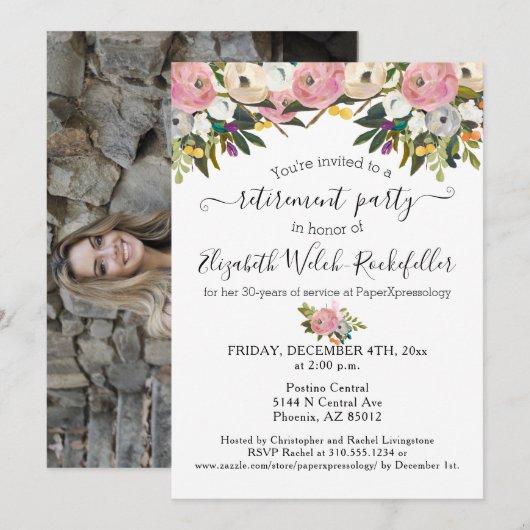 Foto: Bright Flowers Boho Floral Retirement Party Kaart (Voorkant / Achterkant)