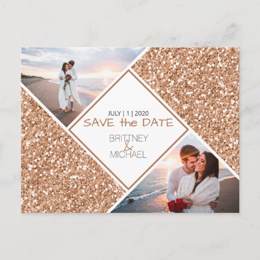 Foto Bronze Glitter Save the Date Briefkaart (Voorkant)