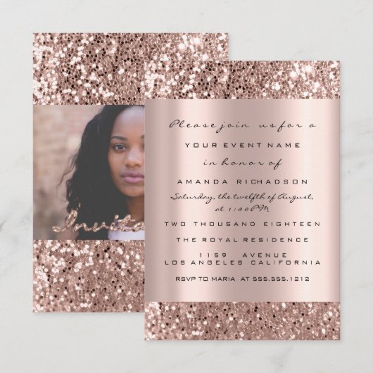 Foto Bruidsuitnodiging Roze Goud Glitters Afstuder Kaart (Voorkant / Achterkant)