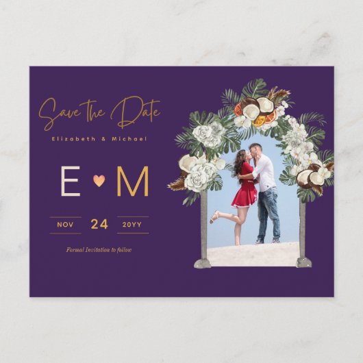 Foto Bruiloft Bewaar de Datum Paarse Bloem Postkaa Briefkaart (Voorkant)