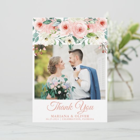 Foto bruiloft dank u kaart perzik witte bloem (Staand voorkant)