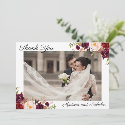 Foto Bruiloft Dank u Kaarten met Marsala Bloemen (Staand voorkant)