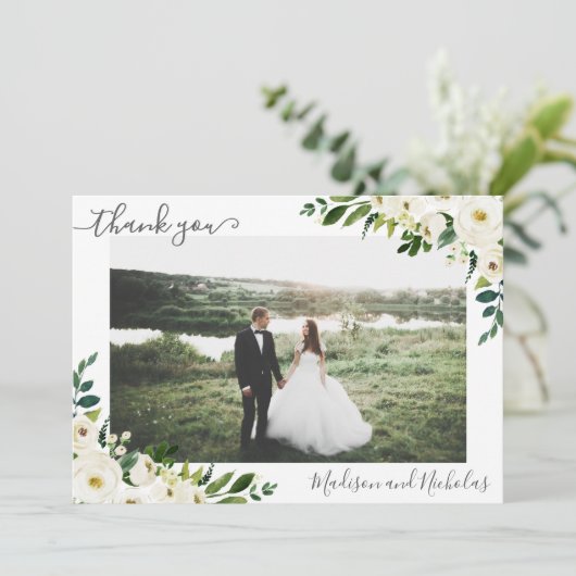 Foto Bruiloft Dank u Kaarten met Witte Bloemen (Staand voorkant)