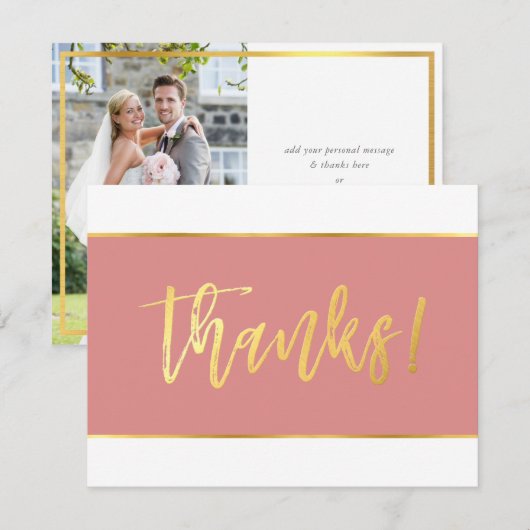 FOTO BRUILOFT DANK U moderne koraal roze goud Bedankkaart (Voorkant / Achterkant)