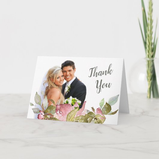 Foto bruiloft Dank u Waterverf Rozen Zacht Roze Bedankkaart (Voorkant)